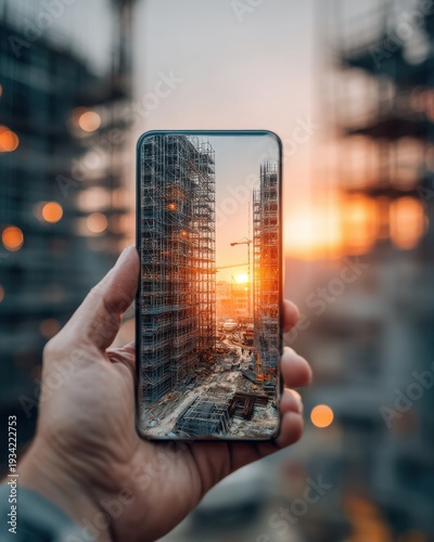 Digital Vision: Construction Site Captured on Smartphone at Sunset generated by AI
