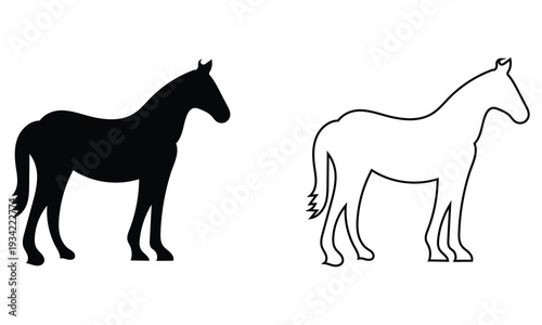 Horse Silhouette and Outline Vector . Black silhouette and linear outline horses in side view, ideal for logos, branding, tattoos, and equestrian themed designs in simple minimalistic style.