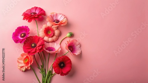 A vibrant bouquet of pink and red blossoms arranged artfully on a delicate blush backdrop, creating a captivating floral composition for various design applications.