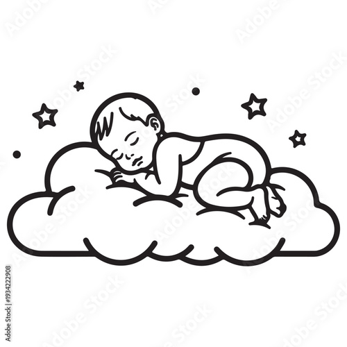 Minimalist black and white line art illustration of a peaceful newborn baby sleeping soundly on a fluffy cloud surrounded by twinkling stars in a whimsical night sky, serene nursery art style.