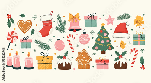 Colorful christmas icons and objects arranged in a festive holiday pattern on a beige background with various decorations and gifts