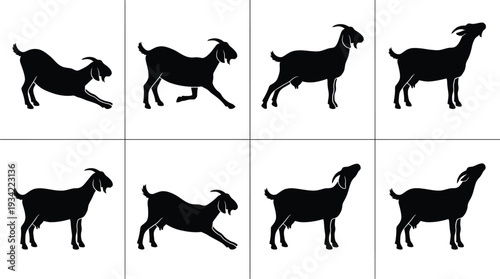 Set of 8 Black Goat Silhouettes Vector