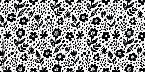 Black and white floral pattern with scattered dots and stylized blooms