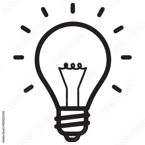 Minimalist black and white light bulb icon glowing with rays of light isolated on white background representing creative inspiration, innovative thinking, and a bright eureka moment.