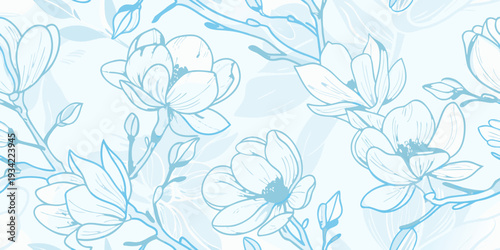 Delicate blue line art illustration of blossoming magnolia flowers and stems