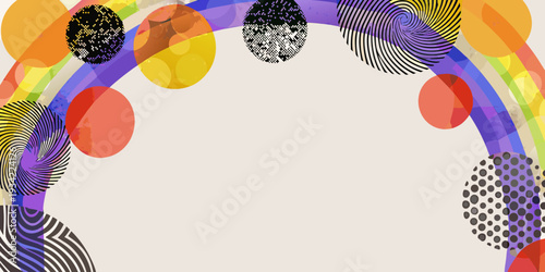 Abstract rainbow arc composed of colorful patterned spheres and lines