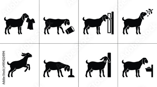 Set of 8 black goat silhouette icons vector