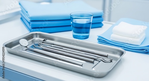 A dental tray with various instruments and a glass of water on a clean white table in a medical setting.