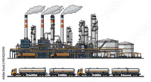 Industrial Oil Refinery Complex with Tanker Trucks.