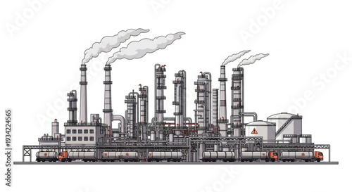 Industrial Oil Refinery Complex with Trains and Smoke Stacks.