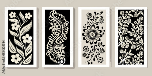 Four decorative panels featuring intricate floral and botanical designs