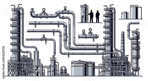 Industrial Oil Refinery Diagram Illustration.