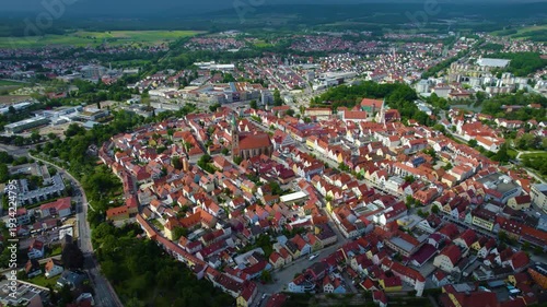 An aerial panorama view above the old town of the city Neumarkt in der Oberpfalz in Bavaria, Germany on a sunny summer noon