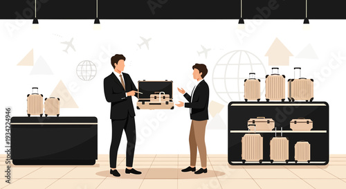 Businessmen Choosing Luggage for Travel at a Retail Store Display