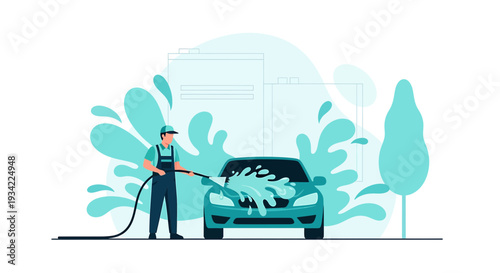 Car Wash Service: Man Cleaning Vehicle with Hose, Water Splashes, Modern Style