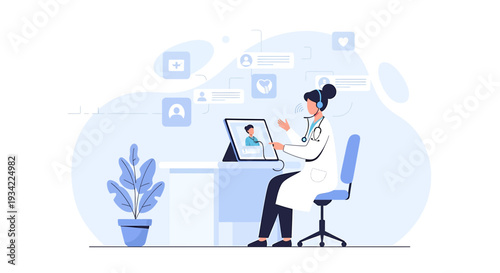 Doctor consulting patient online via tablet, remote healthcare, telemedicine concept