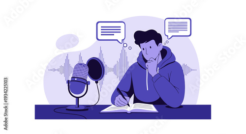 Man recording podcast, writing notes, speech bubbles, sound waves, studying, communication