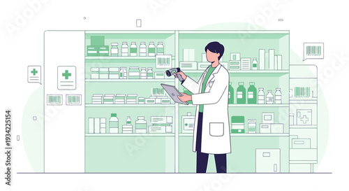 Pharmacist scanning medication on shelves with barcode scanner in modern pharmacy