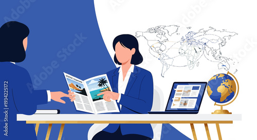 Travel agent showing vacation brochure to client at desk with globe and laptop