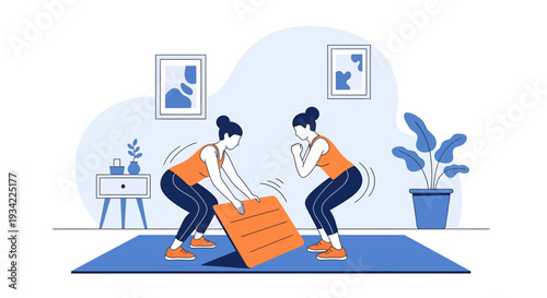 Two women doing fitness exercises together at home, workout session