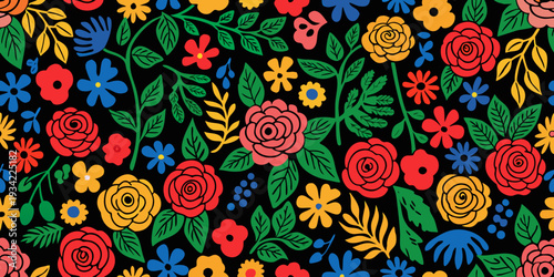 Colorful floral pattern with roses leaves and various blooms