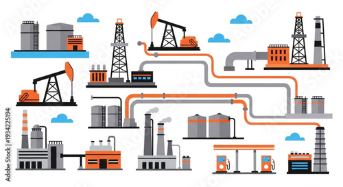 Industrial oil and gas extraction and processing facilities.