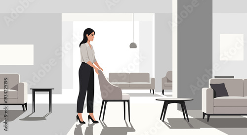 Woman arranging modern furniture in a minimalist interior design living room.