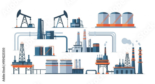 Industrial oil and gas extraction and processing facilities.