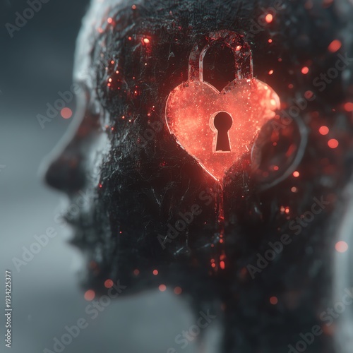 Wallpaper Mural Dark silhouette of a human head with glowing heart-shaped padlock inside Torontodigital.ca