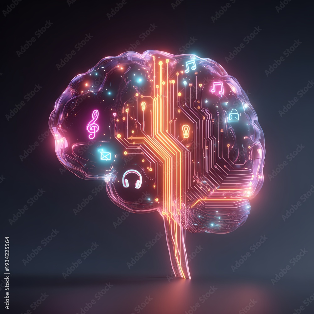 custom made wallpaper toronto digitalHuman brain composed of glowing innovation symbols including musical notes