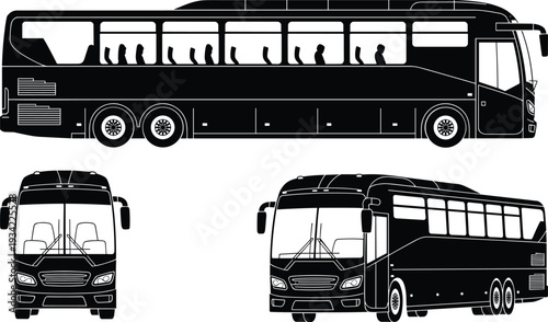 Modern long distance travel coach bus silhouette vector set with side front and perspective views