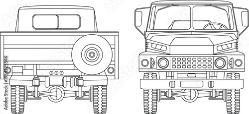 Modern military off road utility truck vector line drawing with front and rear views