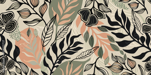 Stylized floral pattern with black outlines and muted pastel colors