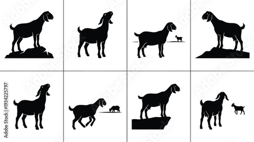 Set of 8 Black Goat Silhouettes Vector