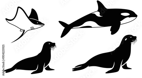Marine Animals Silhouettes: Orca, Manta Ray, and Seals Icons