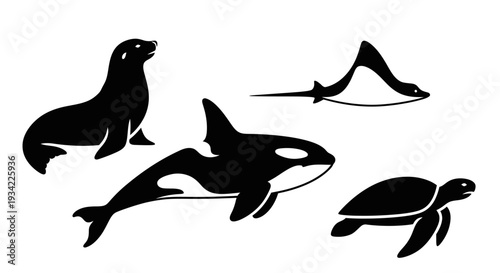 Marine Animals Silhouettes: Orca, Sea Lion, Manta Ray, and Sea Turtle Collection