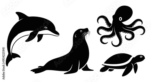 Marine Animals Silhouettes Set: Dolphin, Sea Lion, Octopus, Sea Turtle Vector