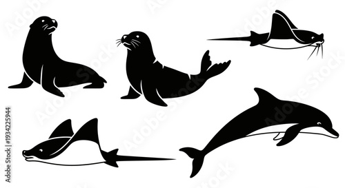 Marine Animals Silhouettes Set: Dolphin, Seals, and Manta Rays Black Vector Icons