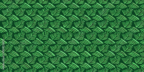 Repeating pattern of stylized green palm leaves on a dark background