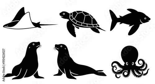 Marine Animals Silhouettes Set: Stingray, Turtle, Shark, Seals, and Octopus Icons