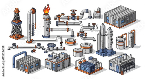 Industrial Oil Gas Refinery Equipment and Infrastructure Elements.