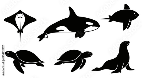 Marine life silhouettes icon set: orca, shark, stingray, sea turtles, seal