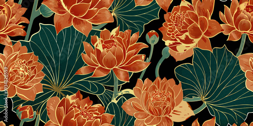 Elegant floral pattern featuring orange lotus flowers and green leaves
