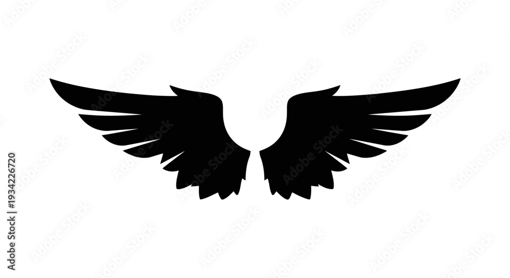 Fototapeta premium Black Angel Wings Spread Wide on a White Background.