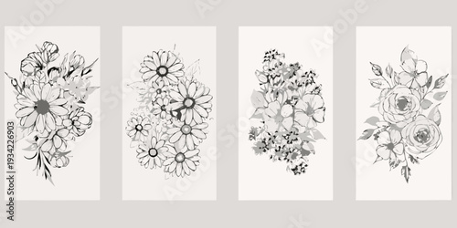 Four grayscale floral arrangements displayed in vertical rectangular frames