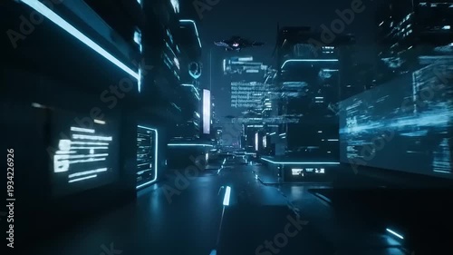 Futuristic Cityscape with Neon Lights at Night.