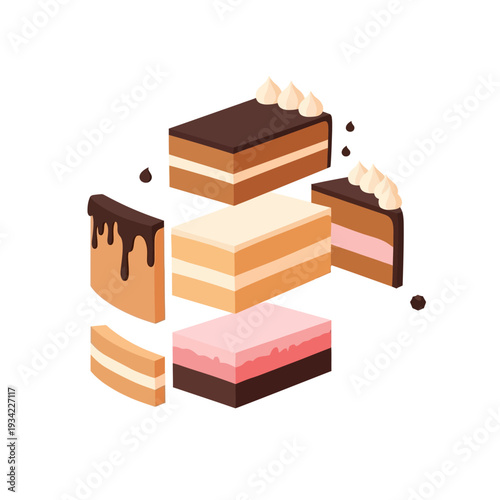 Assortment of delicious cake slices and rectangular cakes with various frostings.