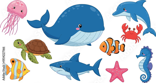Cute Cartoon Sea Animals Collection with Whale Dolphin Shark Turtle Jellyfish Crab Starfish and Tropical Fish Vector Set