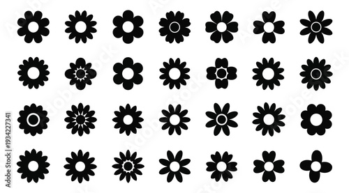 Collection of various black gear and flower shapes on white background for design and engineering concepts