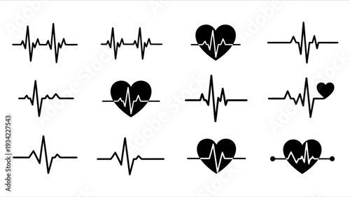 Vector collection of heart rate pulse lines EKG rhythm and heart icons EPS10 Stock.eps